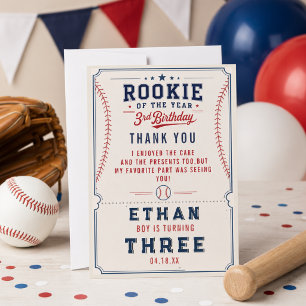 Tarjeta De Agradecimiento Fiesta de cumpleaños número 3 de béisbol Novato de