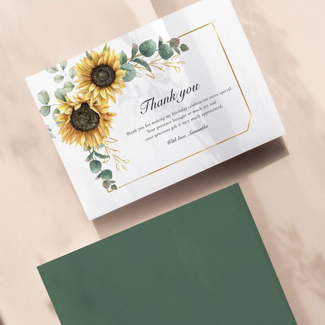 Tarjeta De Agradecimiento Fiesta de cumpleaños número 60 de Sunflower Floral (60th Birthday Floral Sunflower Eucalyptus Thank You Card)