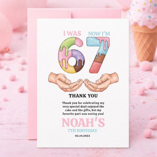 Tarjeta De Agradecimiento Fiesta de Cumpleaños número 7 “Seis Siete” de Hela (Ice Cream “Six Seven” 7th Birthday Party for Kids Thank You Card)