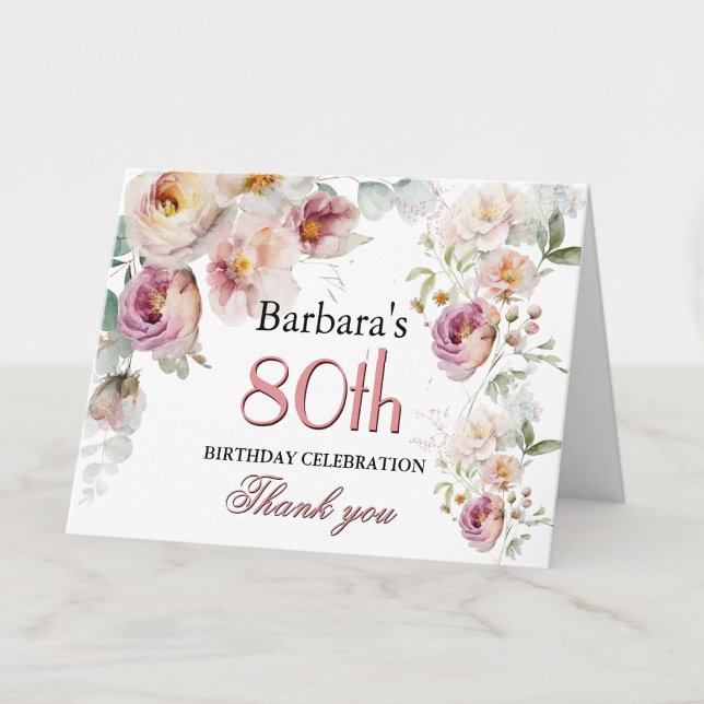 Tarjeta De Agradecimiento Fiesta de cumpleaños número 80 con acuarela floral (Subido por el creador)