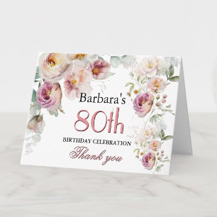 Tarjeta De Agradecimiento Fiesta de cumpleaños número 80 con flores de acuar