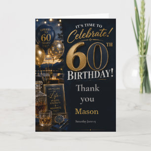 Tarjeta De Agradecimiento Fiesta de cumpleaños número sesenta Navy Gold
