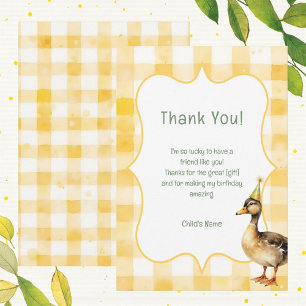 Tarjeta De Agradecimiento Fiesta de Cumpleaños Pato Amarillo Acuarela