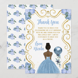 Tarjeta De Agradecimiento Fiesta de Cumpleaños Princesa de Piel Oscura Azul
