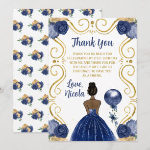 Tarjeta De Agradecimiento Fiesta de Cumpleaños Princesa de Piel Oscura Navy