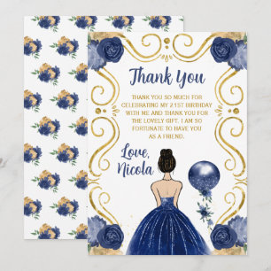 Tarjeta De Agradecimiento Fiesta de Cumpleaños Princesa Pelo Castaño Azul Ma