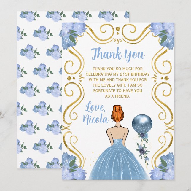 Tarjeta De Agradecimiento Fiesta de Cumpleaños Princesa Pelo Rojo Azul  (Anverso / Reverso)