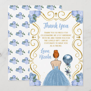 Tarjeta De Agradecimiento Fiesta de Cumpleaños Princesa Pelo Rojo Azul 