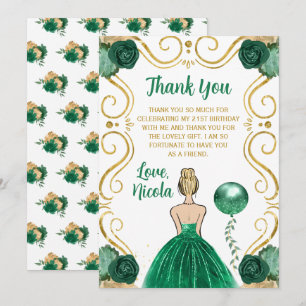 Tarjeta De Agradecimiento Fiesta de Cumpleaños Princesa Rubia Verde