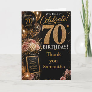 Tarjeta De Agradecimiento Fiesta de cumpleaños setenta rosa oro negro