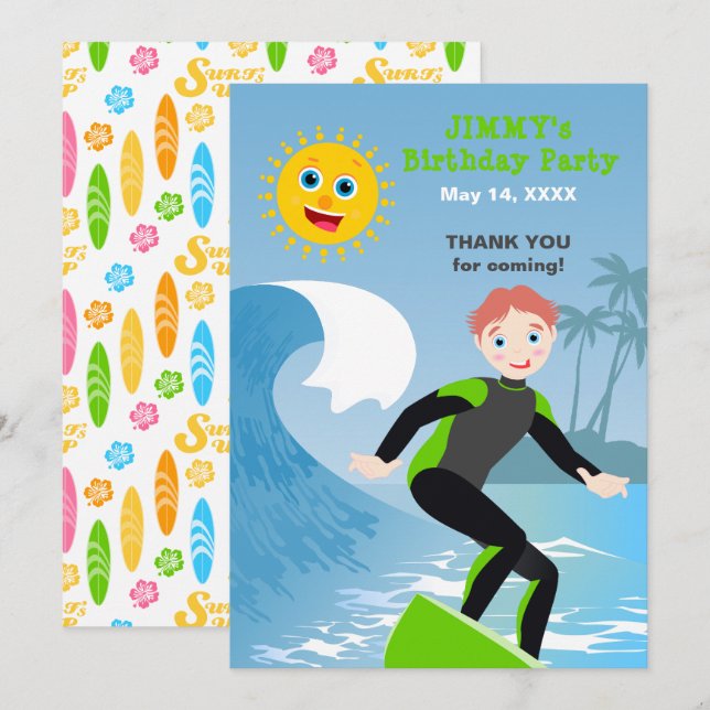 Tarjeta De Agradecimiento Fiesta de cumpleaños Surf's up boy (Anverso / Reverso)