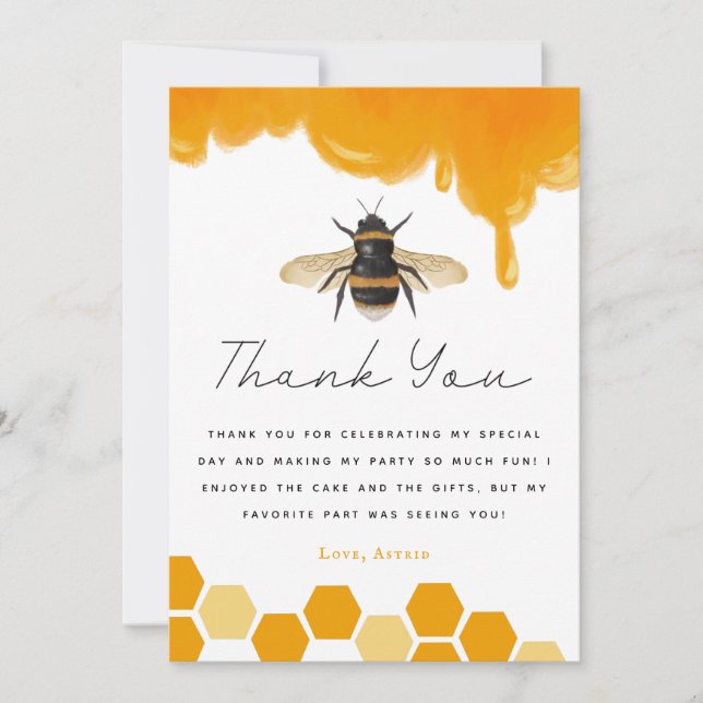 Tarjeta De Agradecimiento Fiesta de cumpleaños tema Abeja Amarillo (Anverso)