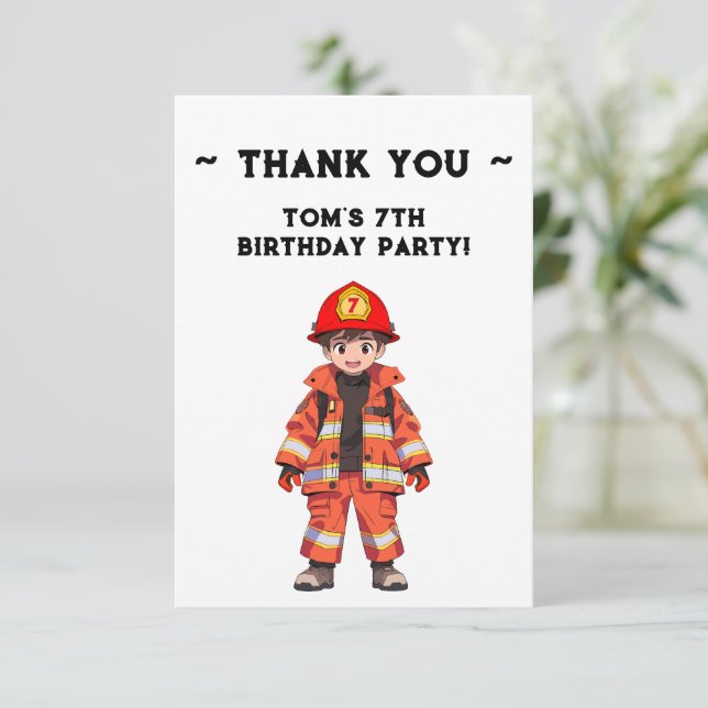 Tarjeta De Agradecimiento Fiesta de cumpleaños temática de bomberos para niñ (Anverso de pie)