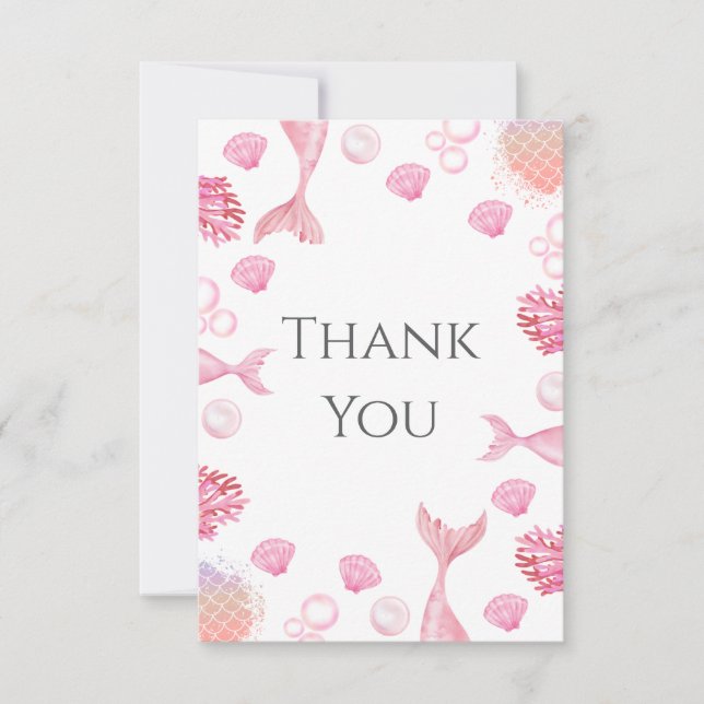 Tarjeta De Agradecimiento Fiesta de Cumpleaños Temática Sirena Rosa Coral (Anverso)