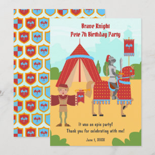 Tarjeta De Agradecimiento Fiesta de Cumpleaños Torneo de Caballeros Medieval