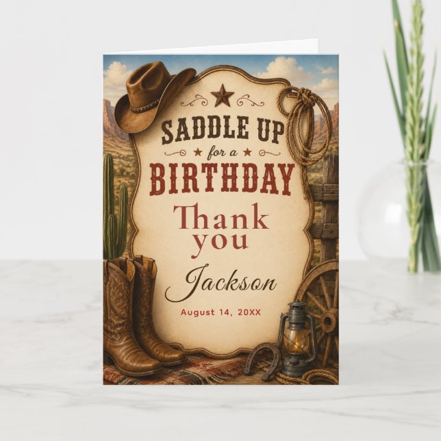 Tarjeta De Agradecimiento Fiesta de Cumpleaños Western (Anverso)