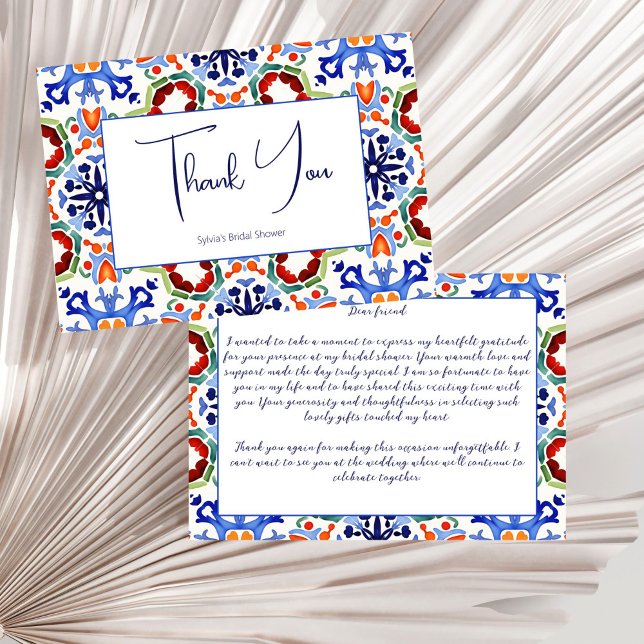 Tarjeta De Agradecimiento Fiesta de despedida de soltera con baldosas azules (Blue Mexican Portuguese azulejo talavera colorful tiles Mediterranean bridal shower Thank You Cards)