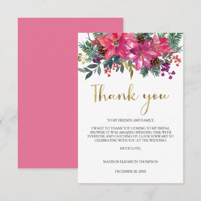 Tarjeta De Agradecimiento Fiesta de Despedida de Soltera de Navidad con Flor (Anverso / Reverso)