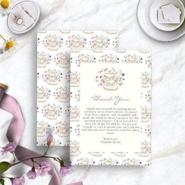 Tarjeta De Agradecimiento Fiesta de Despedida de Soltera Tea Party Wildflowe (Tea Party Wildflower Bridal Shower Thank You Card by Painted Paperie
)