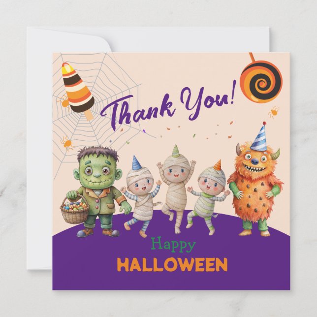 Tarjeta De Agradecimiento Fiesta de disfraces de Halloween monstruos diversi (Anverso)
