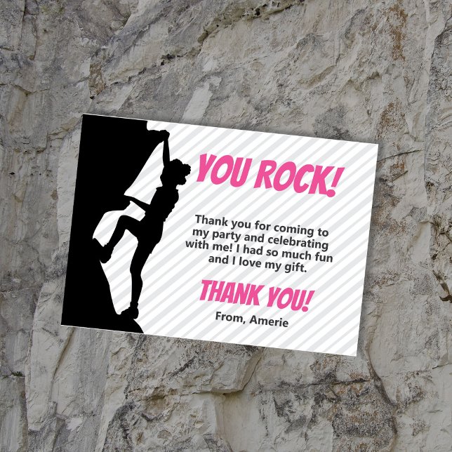 Tarjeta De Agradecimiento Fiesta de escalada en roca para chicas negras (Black Girl Rock Cllimbing Birthday Thank You Cards featuring a girl with afro puffs. Gray and pink)