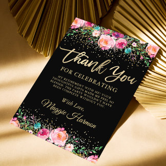 Tarjeta De Agradecimiento Fiesta de Jubilación de Sorpresa Floral de Oro Neg
