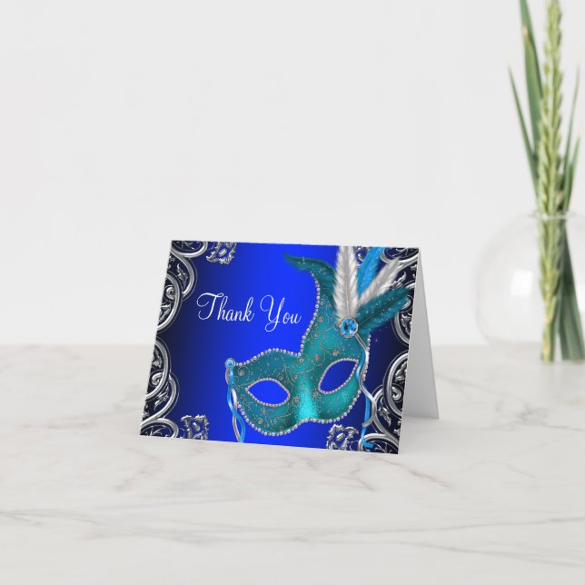 Tarjeta De Agradecimiento Fiesta de la Mascarada Azul Real Gracias (Anverso)