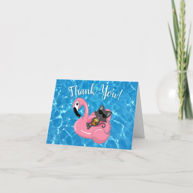 Tarjeta De Agradecimiento Fiesta de la piscina de natalidad de gato flamenco (Anverso)