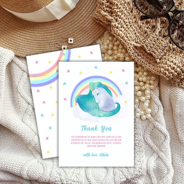 Tarjeta De Agradecimiento Fiesta de Pastel Retro Star Unicornio Arcoíris par (Pastel Retro Star Unicorn Rainbow Baby Shower Thank You Card)