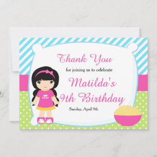 Tarjeta De Agradecimiento Fiesta de pijamas Cumpleaños chica de pelo negro