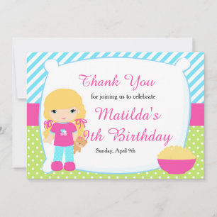 Tarjeta De Agradecimiento Fiesta de pijamas de cumpleaños para niña rubia