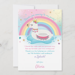 Tarjeta De Agradecimiento Fiesta de piscina de Rainbow Llama Cumpleaños Chi