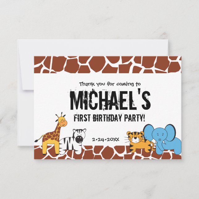 Tarjeta De Agradecimiento Fiesta de primer cumpleaños de Safari personalizad (Anverso)
