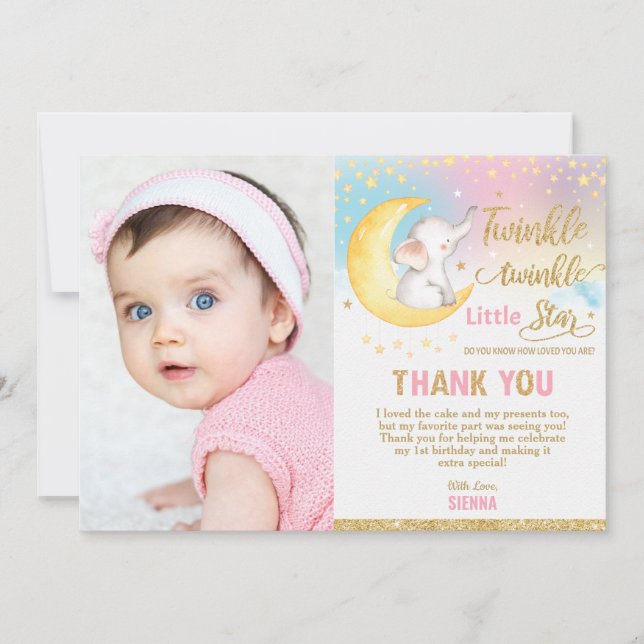 Tarjeta De Agradecimiento Fiesta de primer cumpleaños del elefante Twinkle L (Anverso)