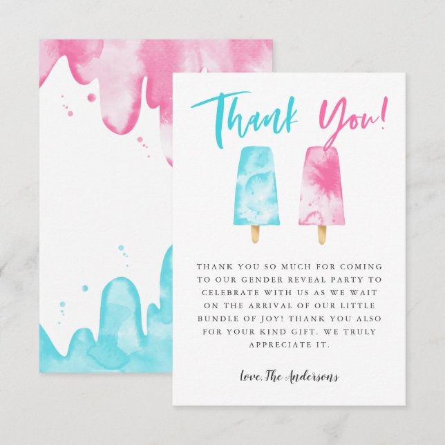 Tarjeta De Agradecimiento Fiesta de revelación de género rosa y azul pópico (Anverso / Reverso)