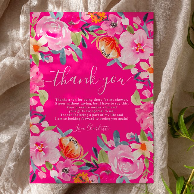 Tarjeta De Agradecimiento fiesta de soltera acuarela floral atrevida bohemio (Bohemian bold floral watercolor bridal shower thank you card on hot neon pink)