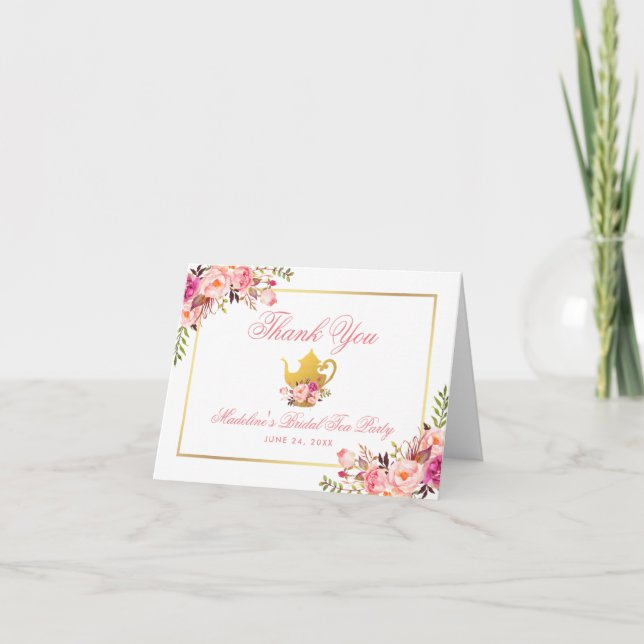 Tarjeta De Agradecimiento Fiesta De Té De Novias De Flores Rosa (Anverso)