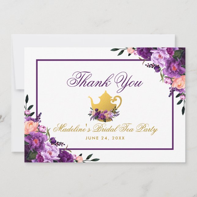 Tarjeta De Agradecimiento Fiesta de Té Morado Floral Gold Bridal Gracias (Anverso)