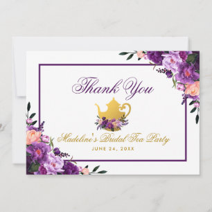 Tarjeta De Agradecimiento Fiesta de Té Morado Floral Gold Bridal Gracias