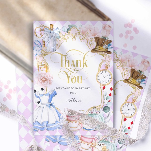 Tarjeta De Agradecimiento Fiesta de té morado, sombrío, Alice Wonderland (Purple. Onderland girl 1st birthday, mad hatter, tea party thank you cards.)