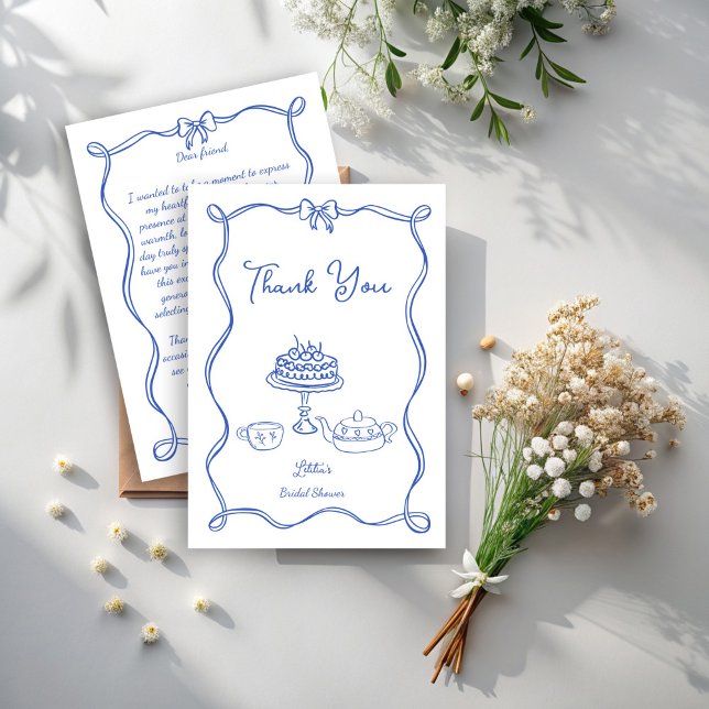Tarjeta De Agradecimiento Fiesta de té nupcial con lazo dibujado a mano capr (Whimsical hand drawn bow bridal tea party thank you card bridal shower tea party thank you cards)