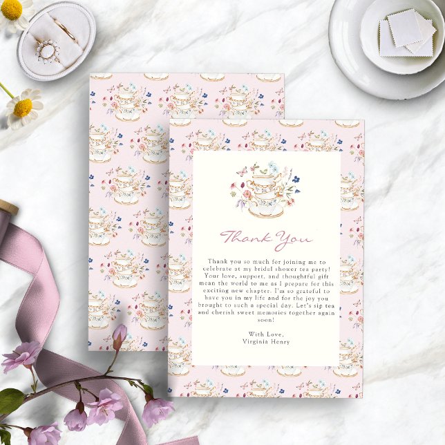 Tarjeta De Agradecimiento Fiesta de té rosa ducha de novia (Pink Floral Tea Party Bridal Shower Thank You Card by Painted Paperie
)