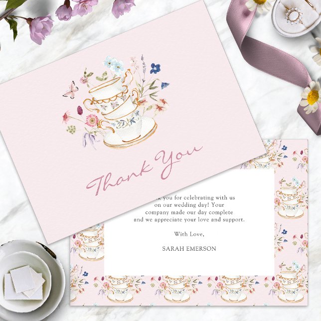 Tarjeta De Agradecimiento Fiesta de té rosa ducha de novia (Pink Tea Party Bridal Shower Thank You Card with Butterfly by Painted Paperie
)