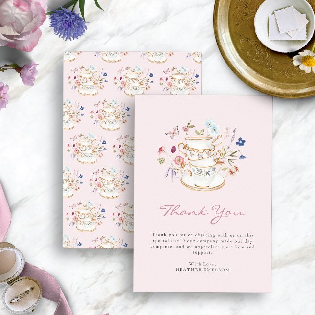 Tarjeta De Agradecimiento Fiesta de té rosado de Rubor (Blush Pink Tea Party Thank You Card with Butterfly by Painted Paperie
)