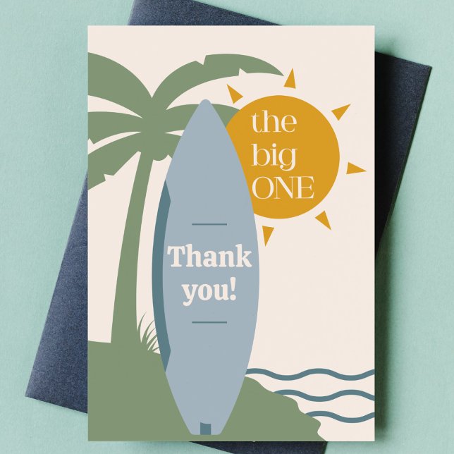 Tarjeta De Agradecimiento fiesta del primer cumpleaños del Océano de Surfboa ("the big one" surfboard first birthday party thank you note surfing 1st bday thanks card blue boy )