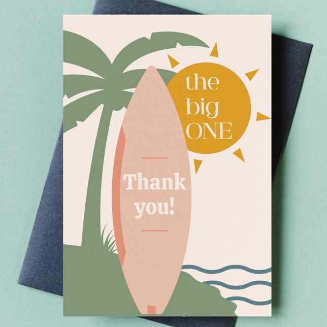 Tarjeta De Agradecimiento fiesta del primer cumpleaños del Océano de Surfboa ("The big one" surfing first birthday party thank you card pink surfboard 1st bday thanks gift note)
