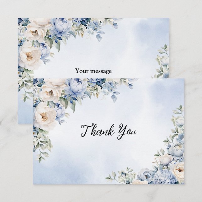 Tarjeta De Agradecimiento Fiesta Dusty Blue Watercolor Flores de marfil (Anverso / Reverso)