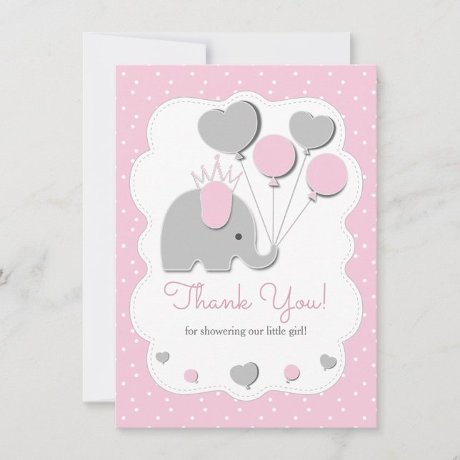 Tarjeta De Agradecimiento Fiesta Elefante Rosa Chica Baby Shower (Anverso)