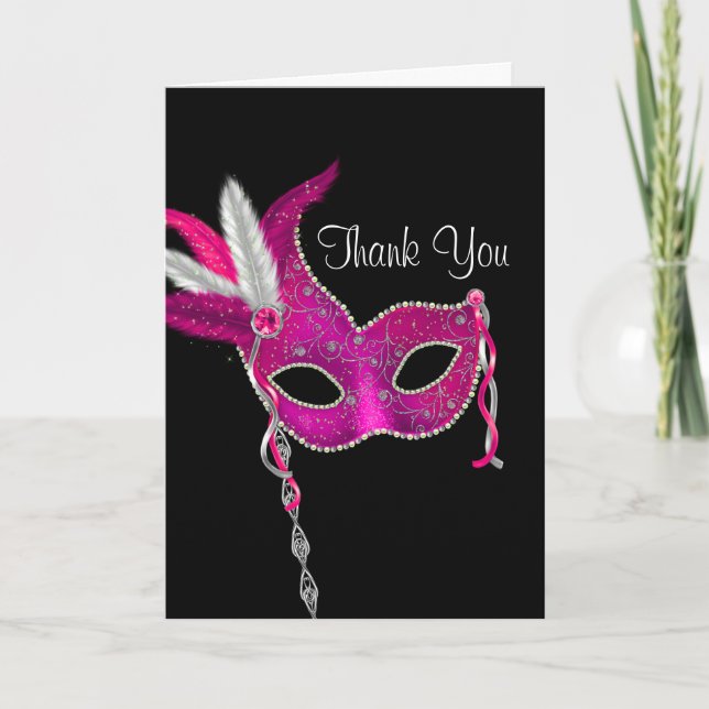 Tarjeta De Agradecimiento Fiesta Mascarada Rosada Caliente Máscara Gracias C (Anverso)