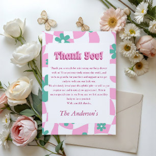 Tarjeta De Agradecimiento Fiesta Retro de Flores de Color Rosa en Cuadrícula